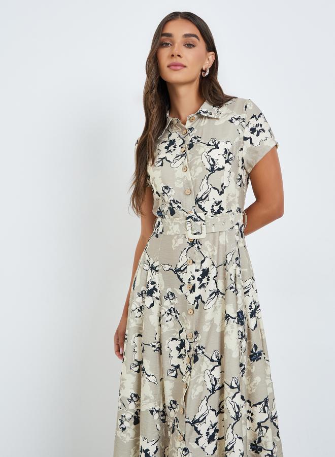 Styli Women Beige Floral Short Sleeves Shirt Midi Dress - Image 1